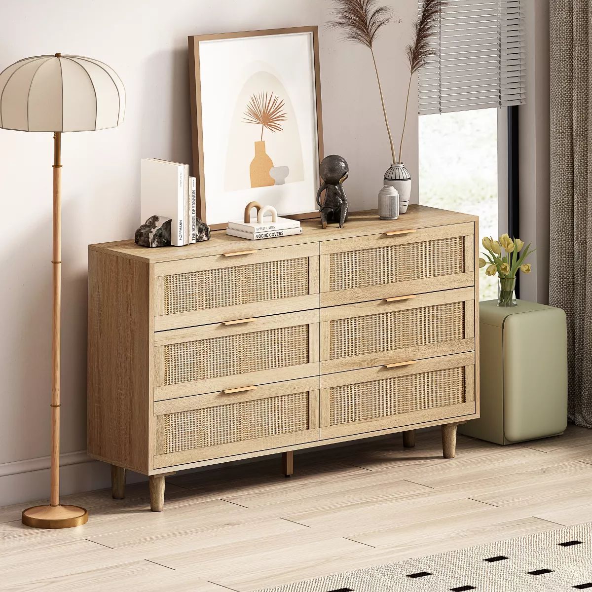 6-Drawer Rattan Dresser for Living Room and Bedroom, Natural - ModernLuxe | Target