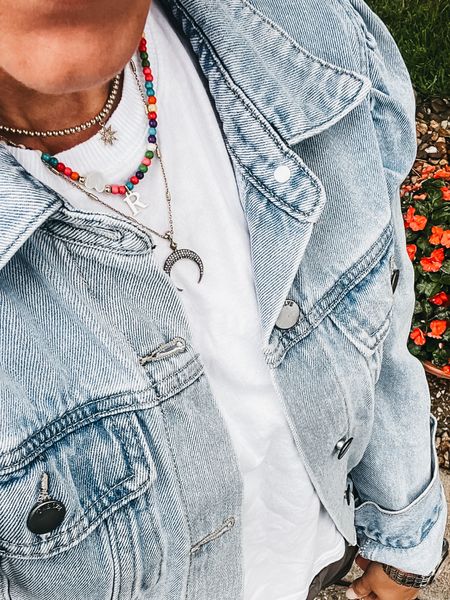 $9 colorful beaded initial necklace with heart bead 🩷🧡💙❤️💛
White cropped tee - size small 
puff sleeve denim jacket (size medium)

Summer style, summer necklace, casual outfit idea 

#LTKFindsUnder100 #LTKStyleTip #LTKSaleAlert