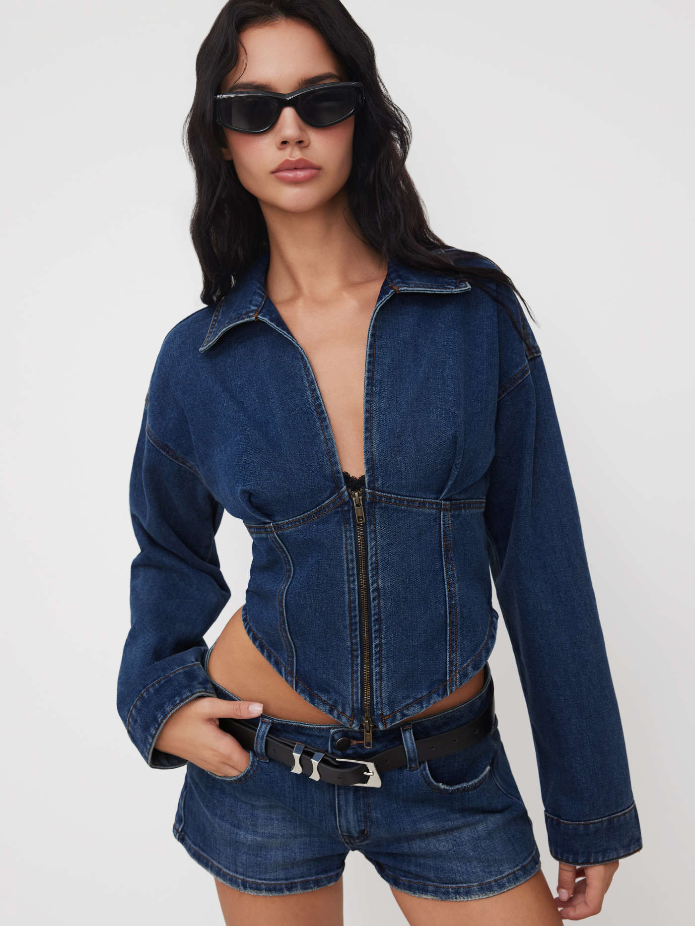 Denim Denim Collar Solid Corset Zipper Jacket For Daily Casual | Cider