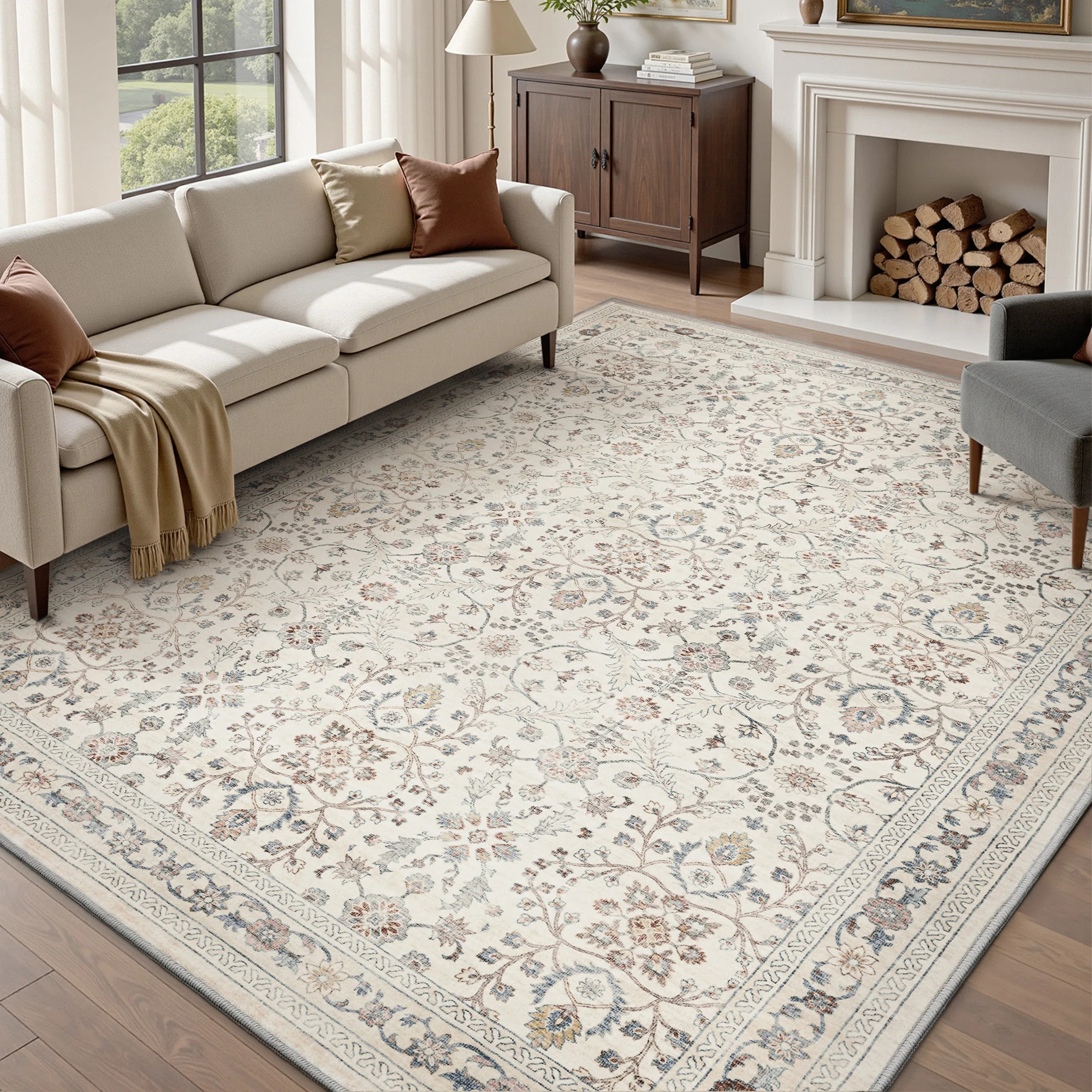 Ultra Soft Beige Machine Washable Floral Living Room Area Rug | Wayfair North America