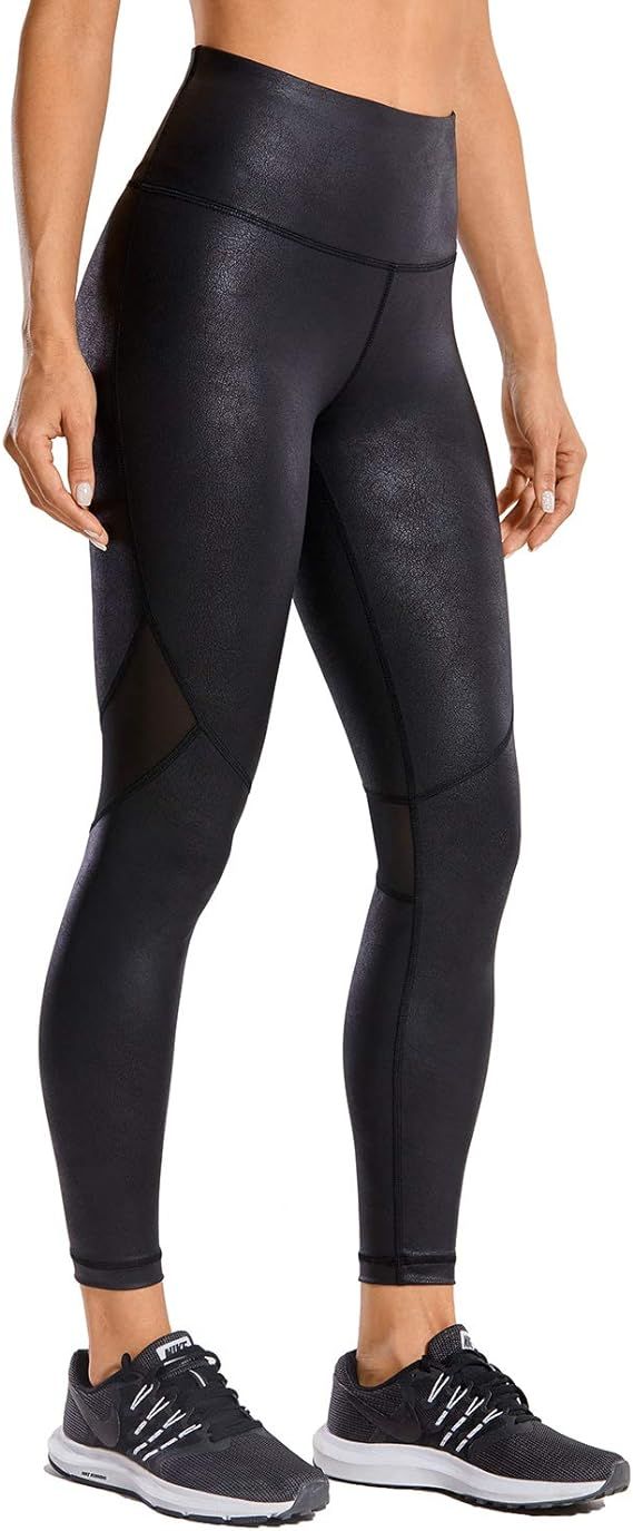 CRZ YOGA Women's Faux Leather Workout Leggings 25 Inches - Mesh Tight Athletic Pants with Drawcor... | Amazon (US)