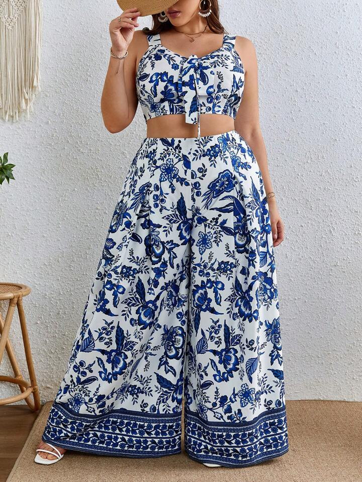 SHEIN VCAY Plus Floral Print Knot Hem Cami Top & Wide Leg Summer Pants | SHEIN