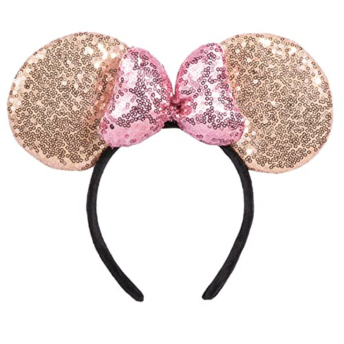 CHuangQi 1pcs Mouse Ears Shiny Headband with 3D Bow, Double-sided Sequin Hair Band for Birthday Party or Amusement Park (3D Pink Bow Champagne Ears) | Amazon (CA)