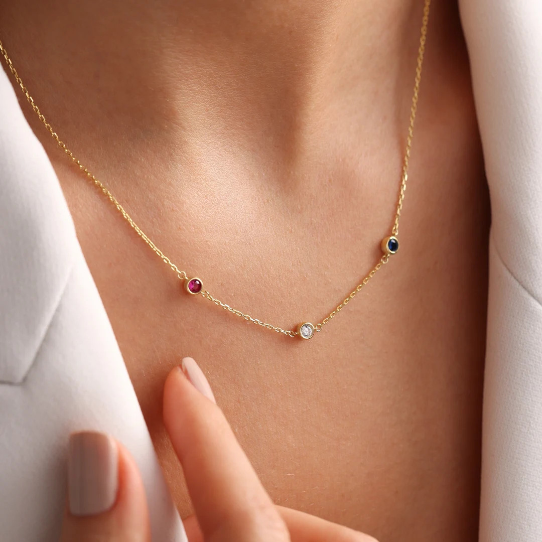 Custom Family Birthstone Necklace, Personalised Birthday Necklace, Birth Stone Necklace, Round St... | Etsy (US)