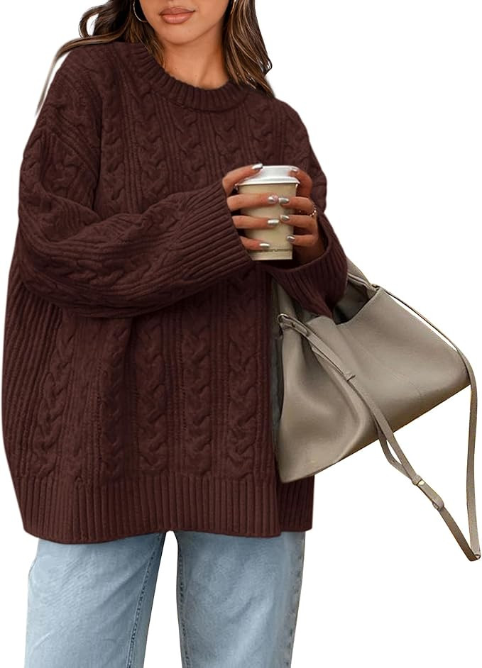 Okiwam Women's Oversized Sweaters Crewneck Cable Knit Pullover Casual Loose Fall Outfits Fashion ... | Amazon (US)