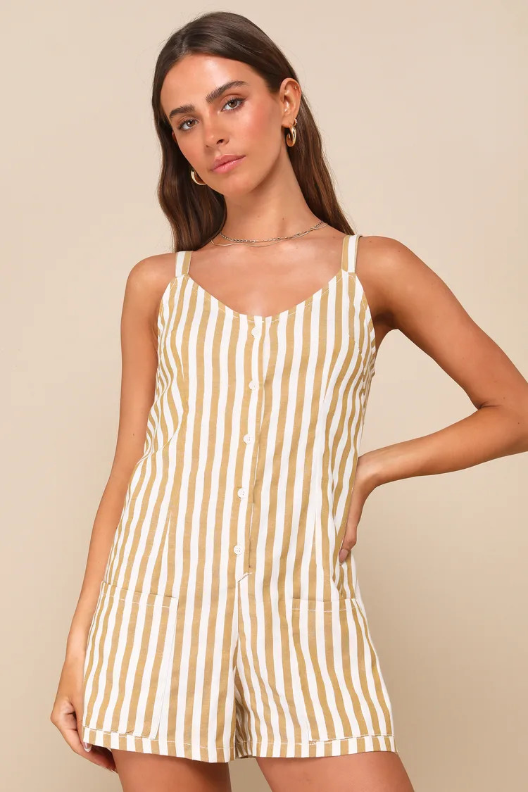Good Times Light Brown Striped Tie-Back Sleeveless Romper | Lulus