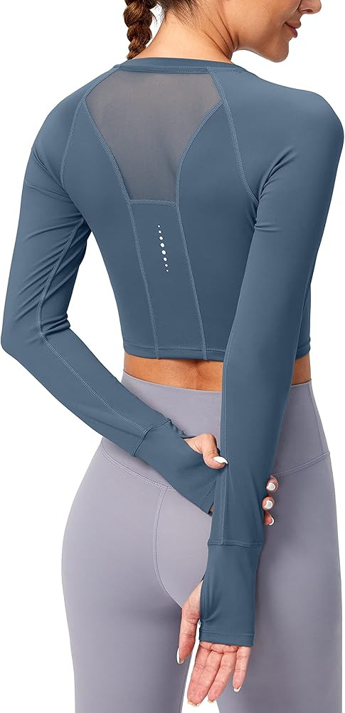 SANTINY Women's Long Sleeve Crop Workout Tops Slim Fit Gym Yoga Running Shirts for Women | Amazon (US)