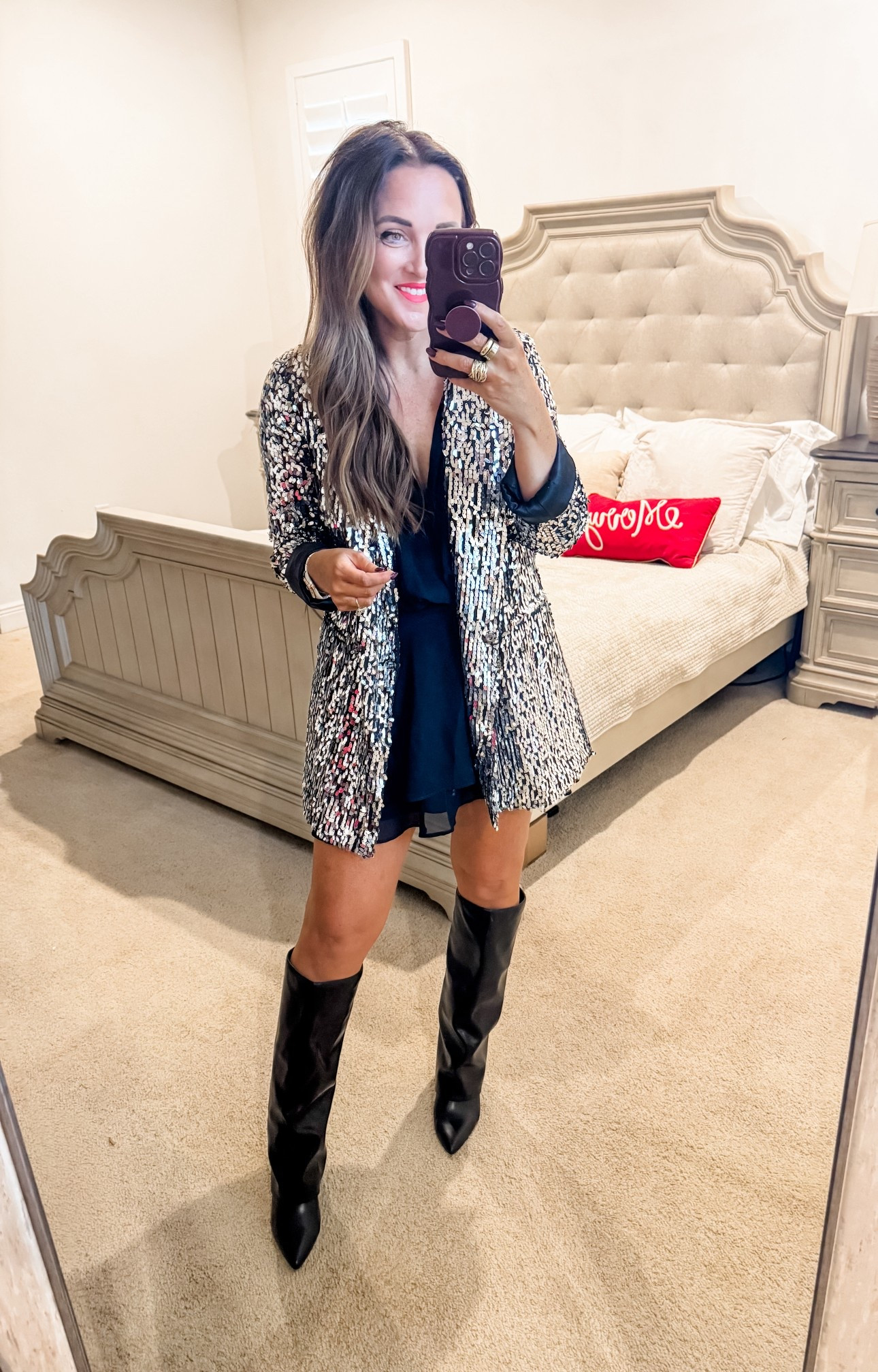 Blazer / Dress - M (tts) 
5’2” 145 lbs 
—
Abercrombie dress | Sequin blazer | Birthday outfit | Birthday look | Sequin outfit | Amazon boots | Knee high boots | Little black dress 