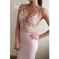 Powdery Blush Slinky Lace Wedding Dress Mermaid, Bridal Dress, Pink Evening Hand Embroidery Lace, Op | Etsy (US)