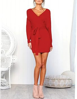 Mansy Women's Sexy Cocktail Batwing Long Sleeve Backless Mock Wrap Knit Sweater Mini Dress | Amazon (US)