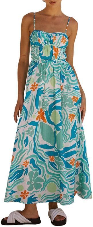 Women Boho Graffiti Cami Long Dress Graphic Spaghetti Strap Flowy Swing Maxi Dress Colorful A Lin... | Amazon (US)