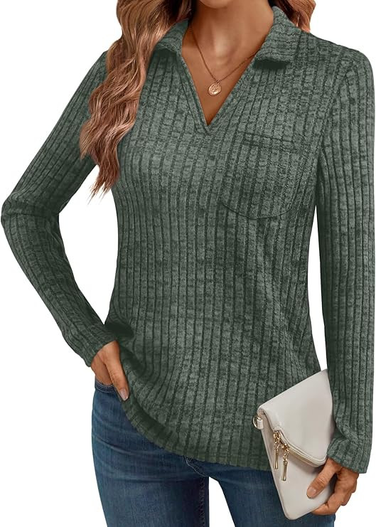 AUTOMET Womens Long Sleeve Tops Casual Collared Polo Shirts V Neck Tunic Sweaters Fall Fashion Dr... | Amazon (US)