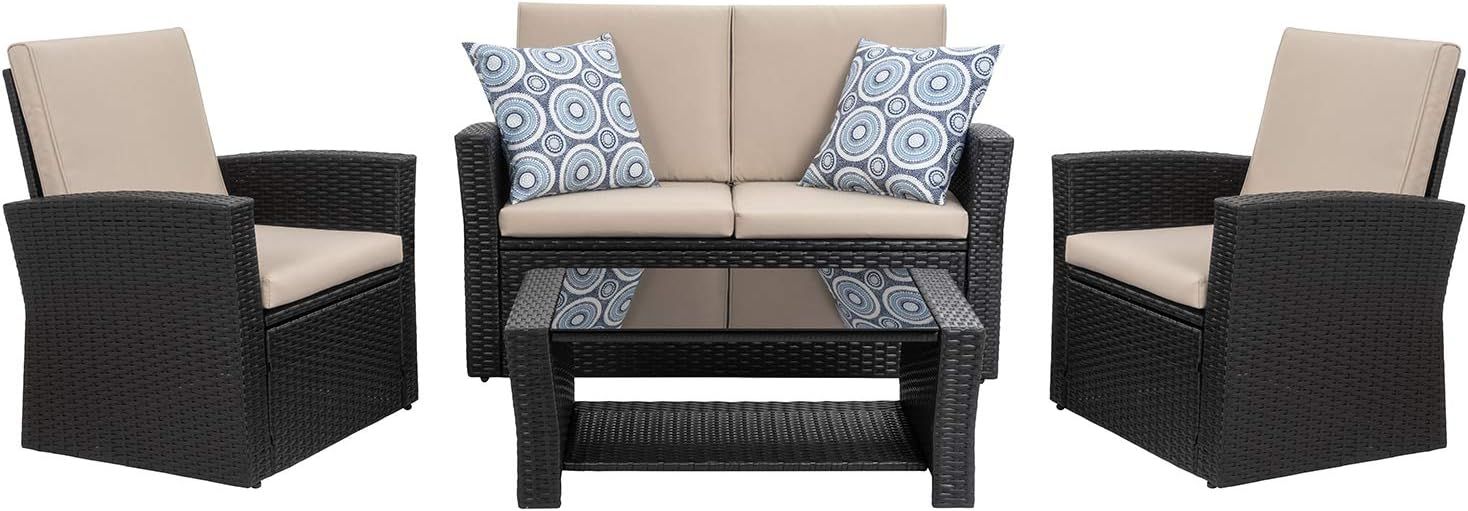 Shintenchi 4-Piece Outdoor Patio Furniture Set, Wicker Rattan Sectional Sofa Couch with Glass Cof... | Amazon (US)