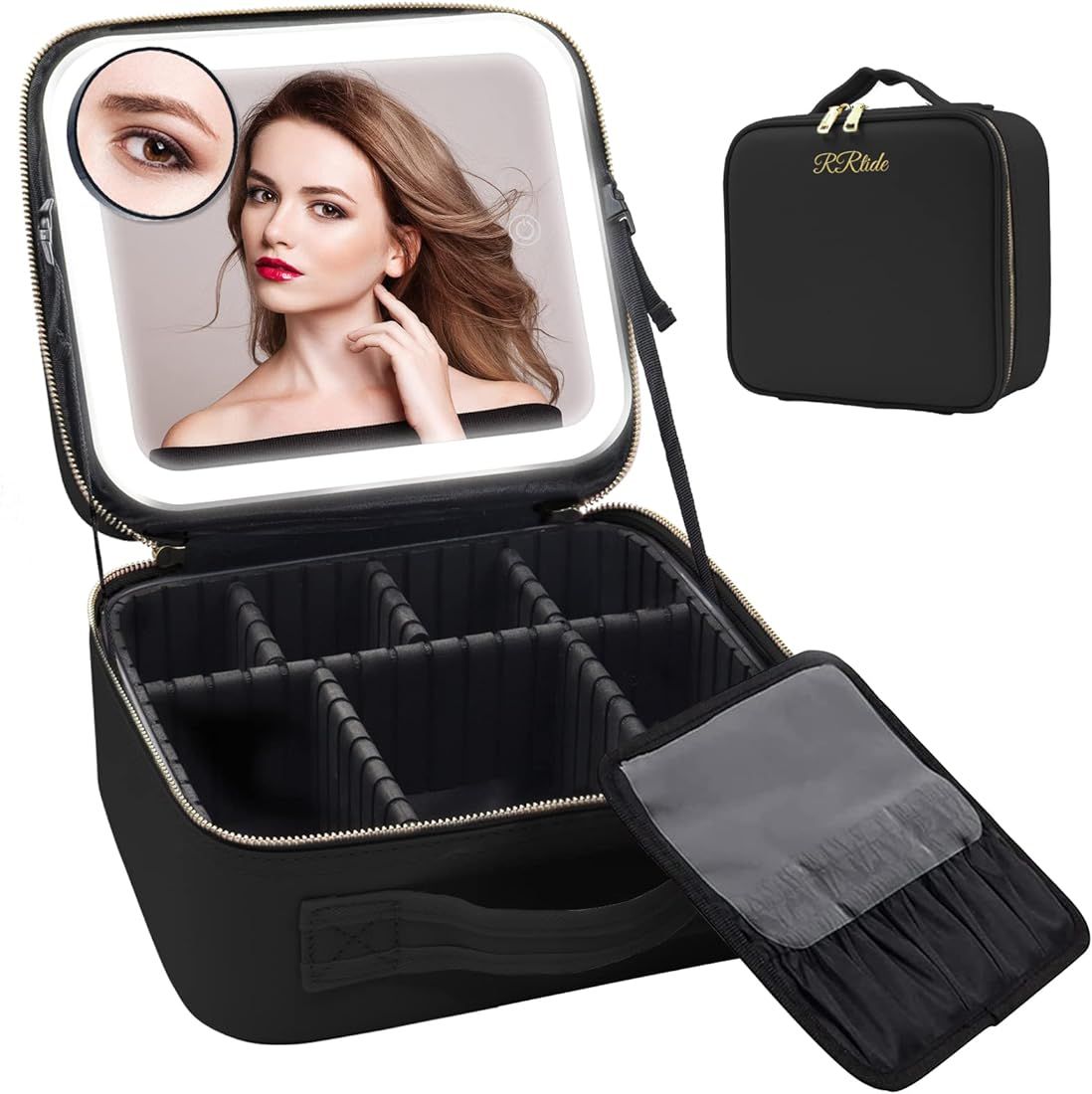 Amazon.com: RRtide Travel Makeup Bag with Mirror of LED Lighted, Makeup Train Case with Adjustabl... | Amazon (US)