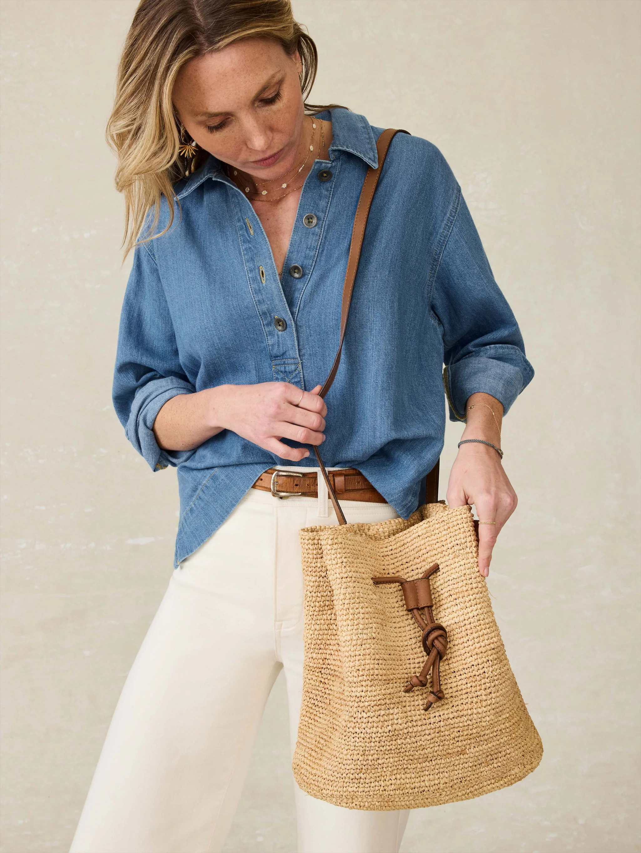 Raffia Drawstring Bucket Bag - Natural | Faherty