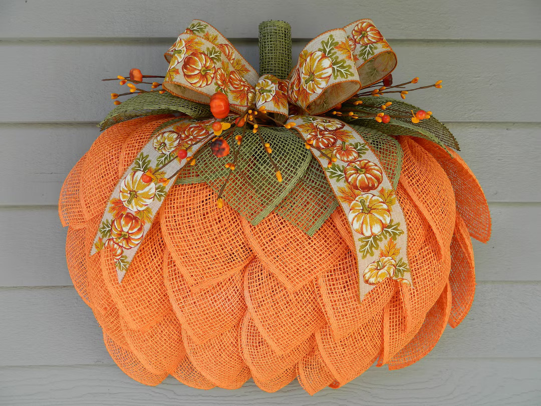 Pumpkin Wreath for Front Door, Pumpkin Door Hanger, 3D Pumpkin Wreath, Burlap Mesh Pumpkin, Fall ... | Etsy (US)