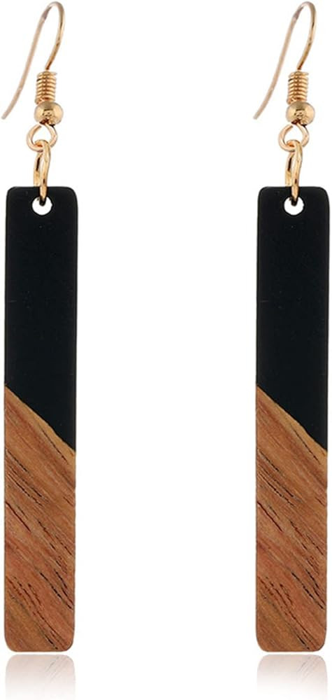 Lightweight Bohemian Wooden Acryluc Resin Geometric Bar Rould Drop Dangle Natural Wood Earrings E... | Amazon (US)