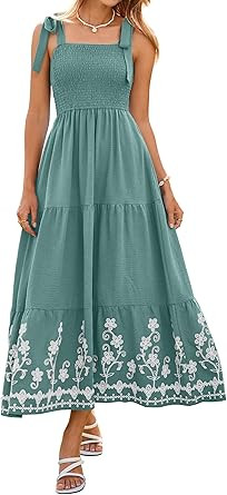 BerryGo Women's 2026 Summer Boho Maxi Dress Beach Vacation Spaghetti Strap Smocked Embroidery Cas... | Amazon (US)