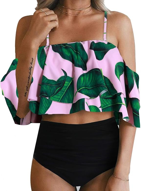 Women Two Piece Swimsuit High Waisted Off Shoulder Ruffled Bikini Set | Amazon (US)