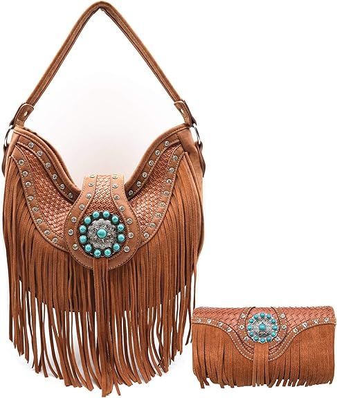 Western Style Fringe Conchos Gem Rhinestone Studded Woven Leather Purse Country Handbag Women Sho... | Amazon (US)