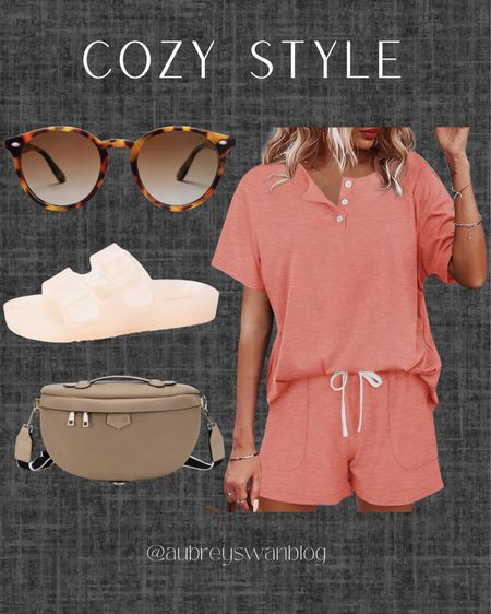 Cozy style! I love being comfortable and this set is the perfect lounge wear. 

Amazon finds, 2 piece cozy set, tortoise print sunglasses, fanny pack bag, comfy double buckle slides