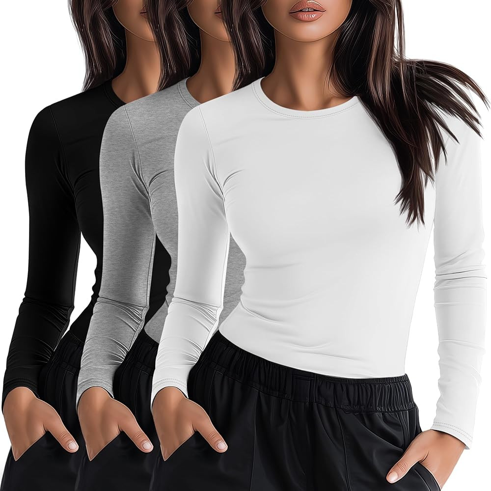 Neer 3 Pack Womens Underscrub Shirts Long Sleeve Crewneck Tops Fitted Layering Clothes Comfort Kn... | Amazon (US)