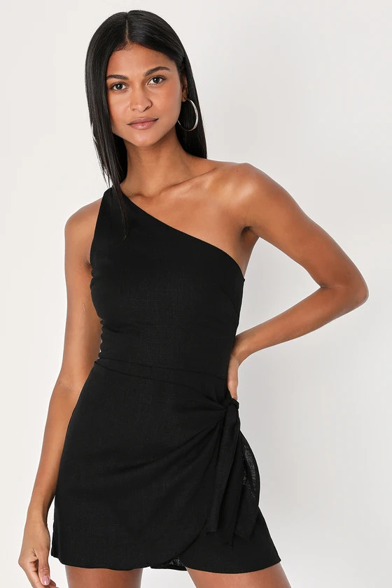 Tie and Low Black One-Shoulder Knotted Skort Romper | Lulus (US)