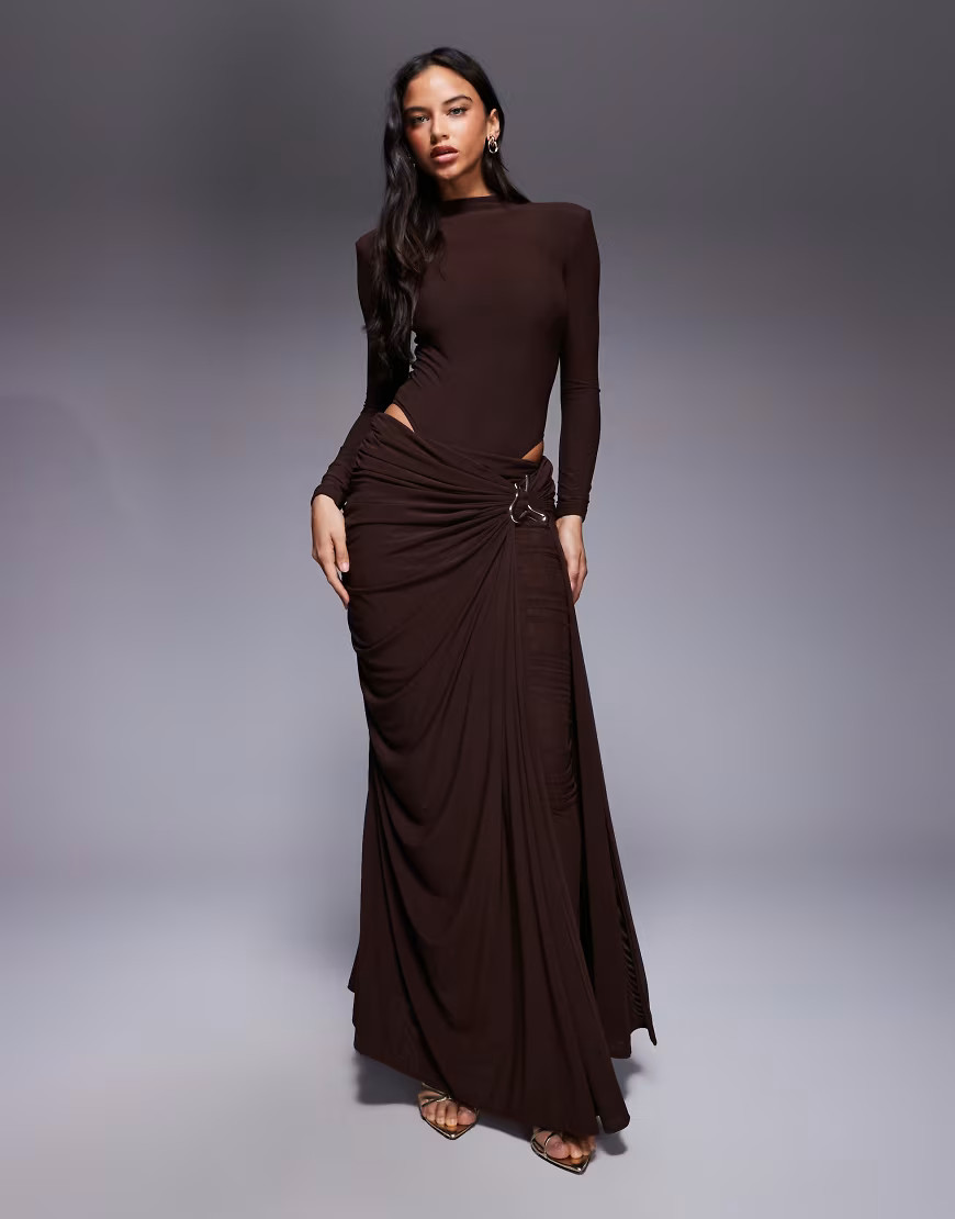 Wanderdoll triple layered mesh metal hardware gathered waist detail maxi skirt co-ord in espresso-Black | ASOS (Global)