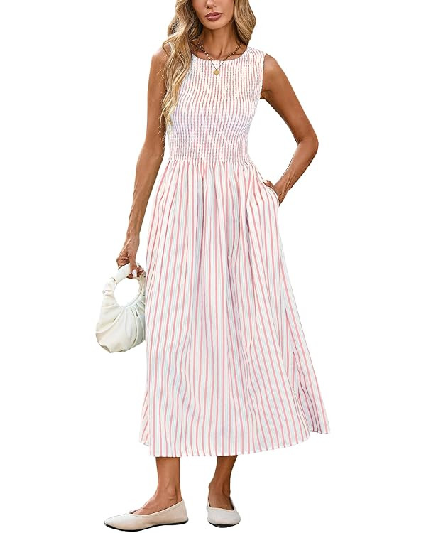YEXPINE Women's Striped Smocked Sundress Sleeveless Swing A Line Beach Midi Dress with Pockets | Amazon (US)