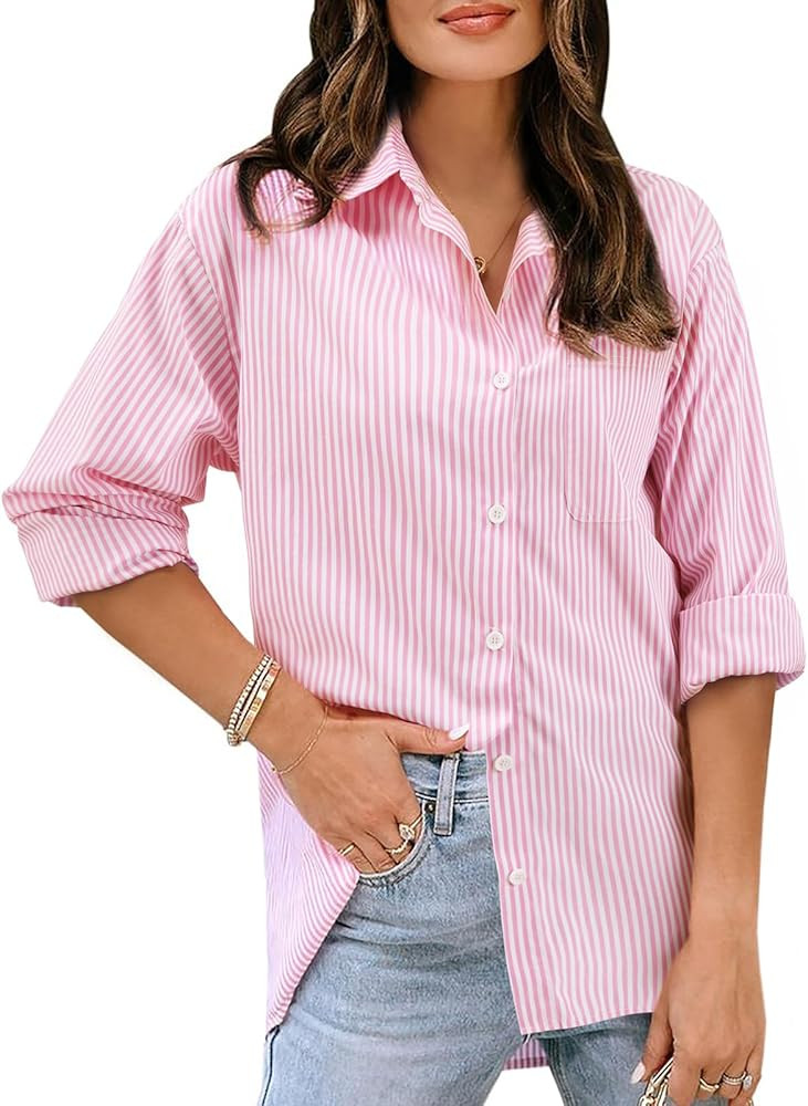 Women's Striped Long Sleeve Button Down Shirts V Neck Casual Tops Classic Office Work Blouses wit... | Amazon (US)
