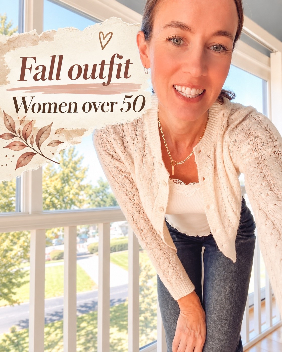 Fall outfit for women over 50 - off white cardigan with lace trim tank top and grey flare jeans. #over50style #fallfashion #falloutfit

#LTKootd #LTKOver40 #LTKSaleAlert