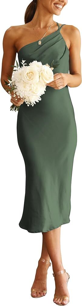 PRETTYGARDEN Women's Midi Satin Dress One Shoulder Spaghetti Strap Backless Ruched Summer Bodycon... | Amazon (US)