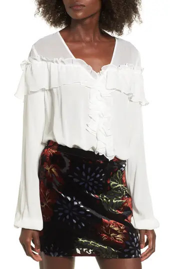 Women's Band Of Gypsies Crepe Ruffle Blouse, Size X-Small - Ivory | Nordstrom
