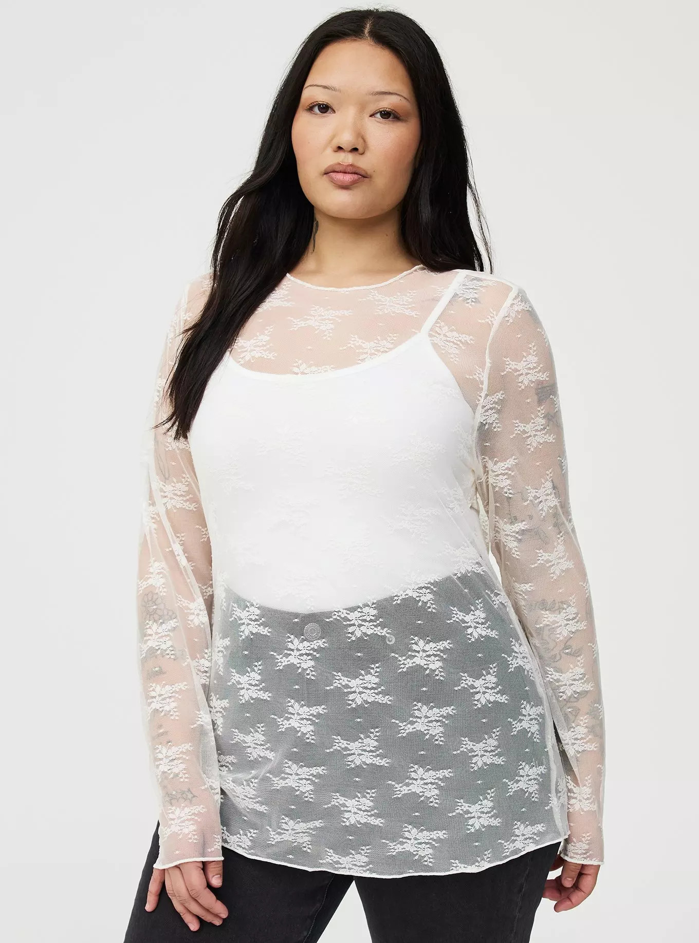 Sheer Lace Long Sleeve Crew Top | Torrid (US & Canada)