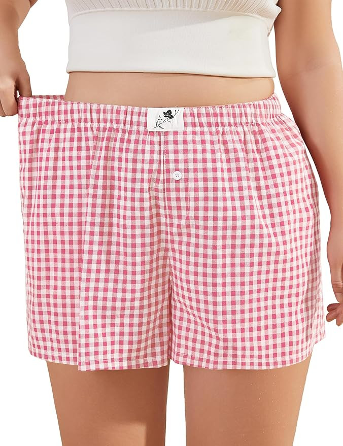 COOTRY Plus Size Women Boxer Shorts Cotton Plaid Gingham Shorts Casual Pajama Sleep Shorts Y2K Be... | Amazon (US)