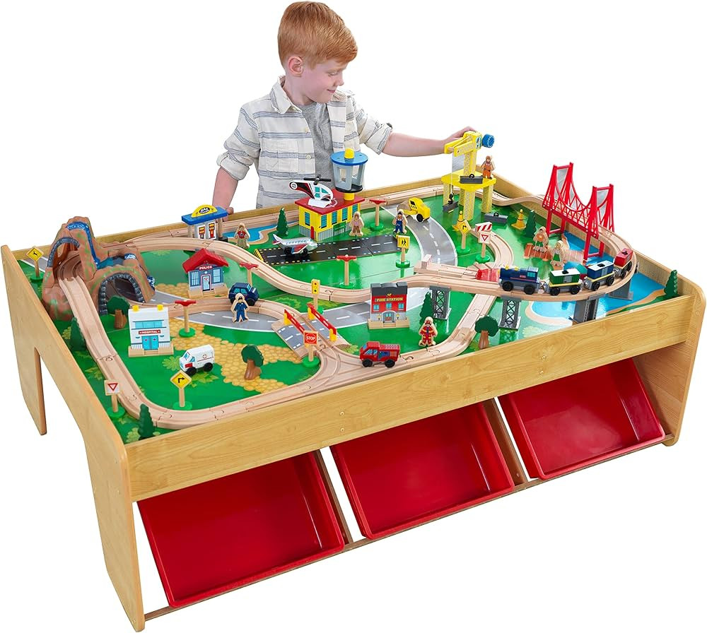 KidKraft 17850 Waterfall Mountain Wooden Train Set & Table with 120 Pieces, 3 Storage Bins | Amazon (US)