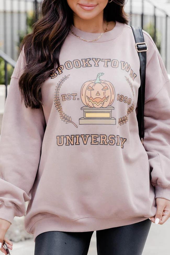 Spookytown Mocha Oversized Graphic Sweatshirt | Pink Lily