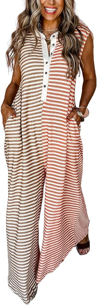 HOULENGS Women's Casual Striped Sleeveless Flowy Jumpsuit Wide Leg Pants Rompers Button Baggy One... | Amazon (US)