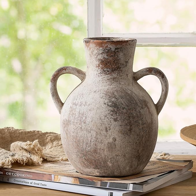 SIDUCAL Rustic Ceramic Farmhouse Flower Vase with 2 Handles, Whitewashed Terra Cotta Vase, Decora... | Amazon (US)