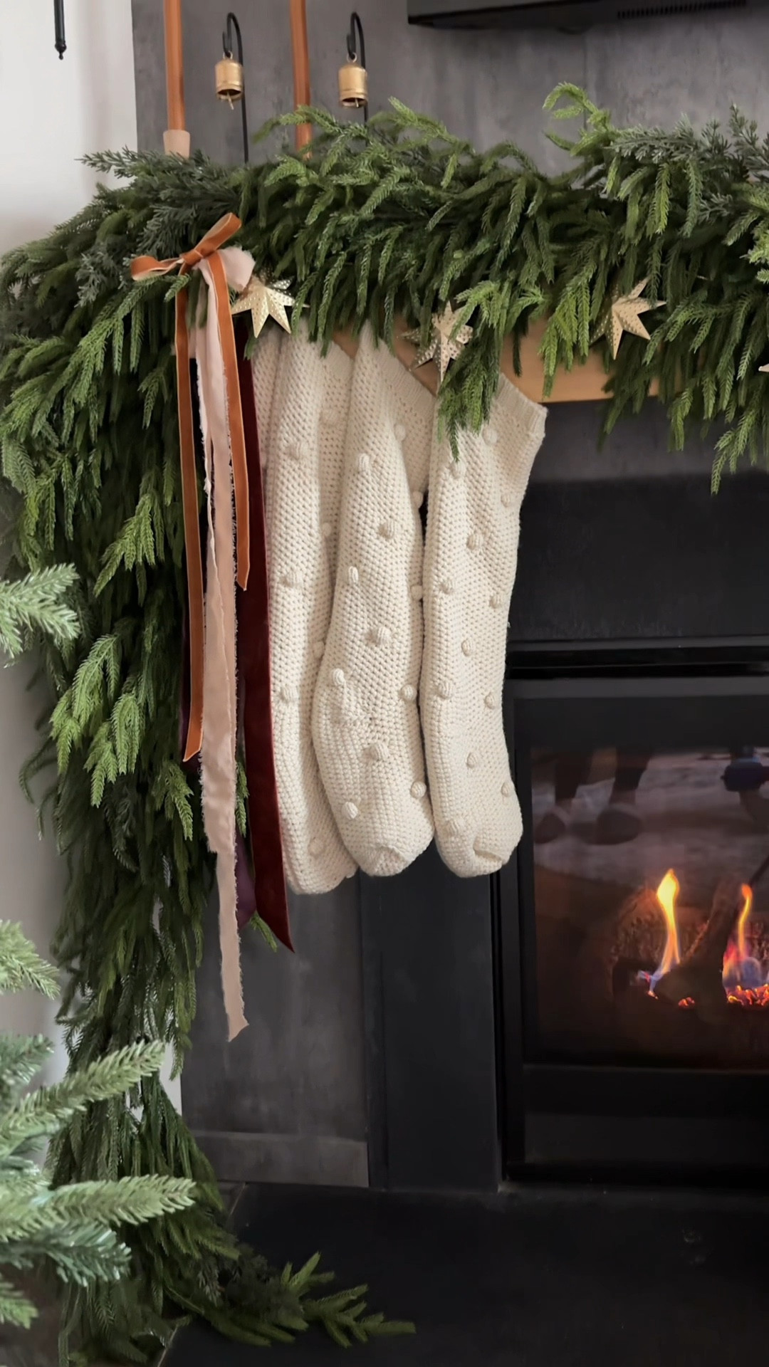 Star garland and DIY ornaments! 
Norfolk pine real touch garland, velvet ribbon, Christmas mantle, gold star ornaments