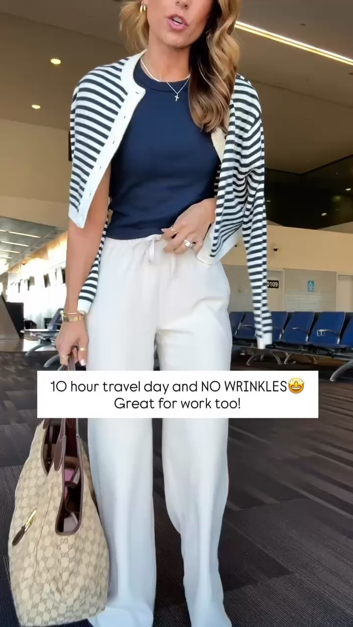 My travel outfit of the day! Aritzia The Lodge Pant - Crepette. Size XS regular, color ‘Metropolis Taupe’. Comes in short and tall, too. Wrinkle resistant with an elastic waist and high-rise. Aritzia t-shirt in XS. Aritzia striped cropped cardigan in 2XS. Jelly ballet flats are whole sizes only. I’m a 6.5 and sized down to a 6 per reviews. Business casual. Elevated casual. Workwear. Coastal outfit.

#LTKootd #LTKTravel #LTKWorkwear