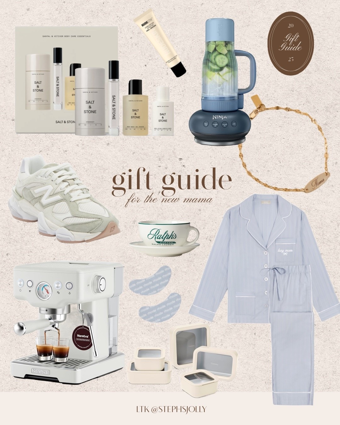 Gift guide for new postpartum mamas: coffee machine, cozy pjs, new running shoes, non toxic Tupperware for meal prep, mama jewelry, non toxic deodorant and body care 

#LTKselfcare #LTKGiftGuide #LTKmomlife
