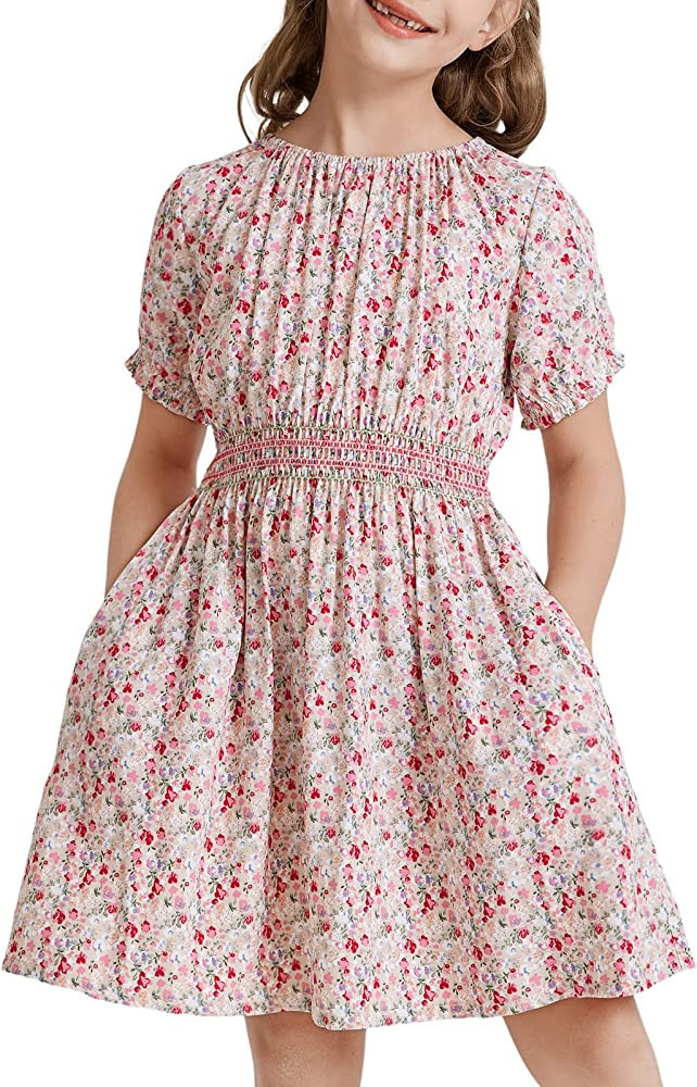 tiny sugar Girls Smocked Waist Soft Viscose Midi Dress Elastic Crewneck Casual Playwear Skater Dr... | Amazon (US)