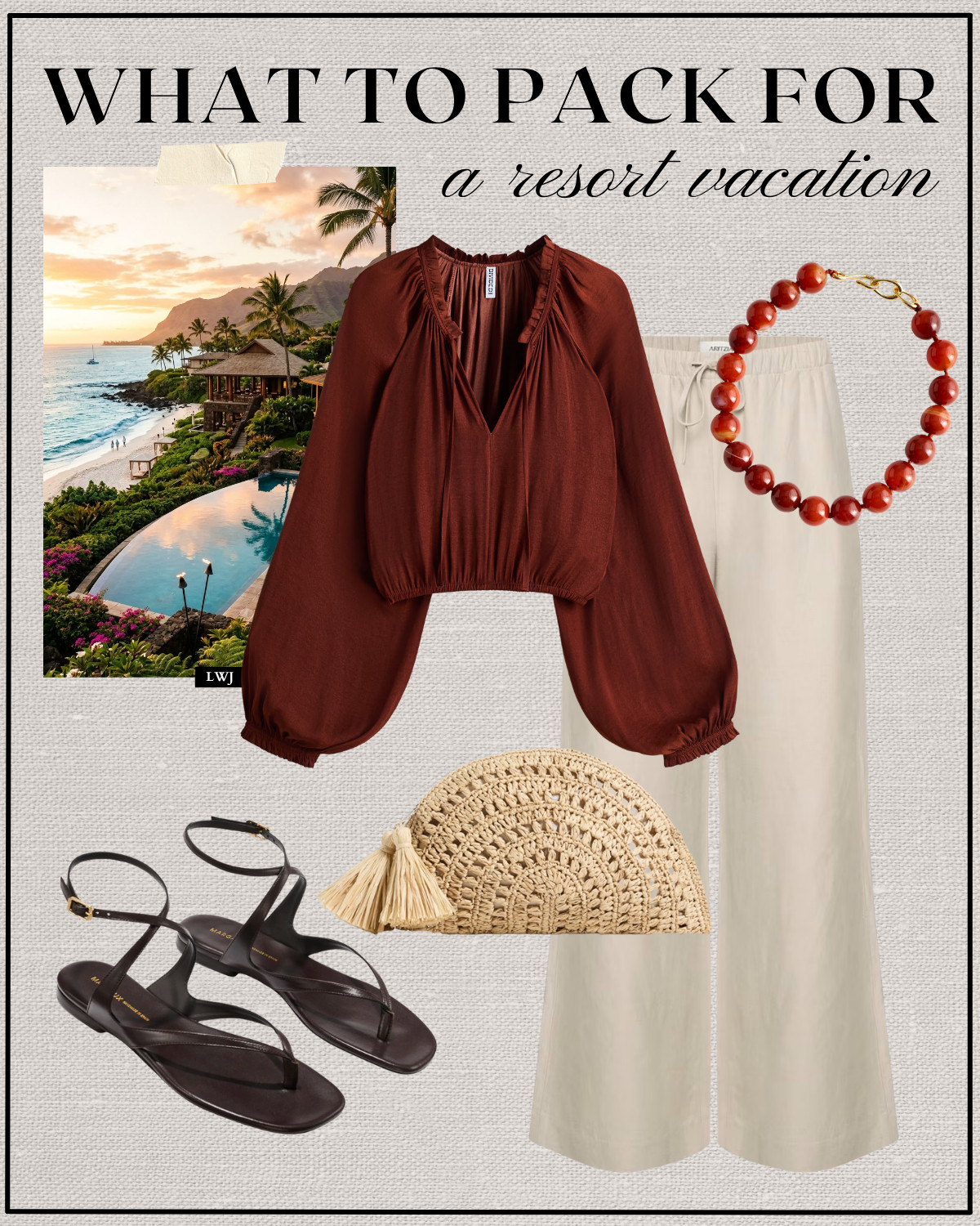 resort vacation outfit 

travel outfit / beach outfit / summer vacation / red long sleeve blouse / aritzia lodge linen pants / strappy sandals / woven clutch / beaded necklace 

 

#LTKTravel