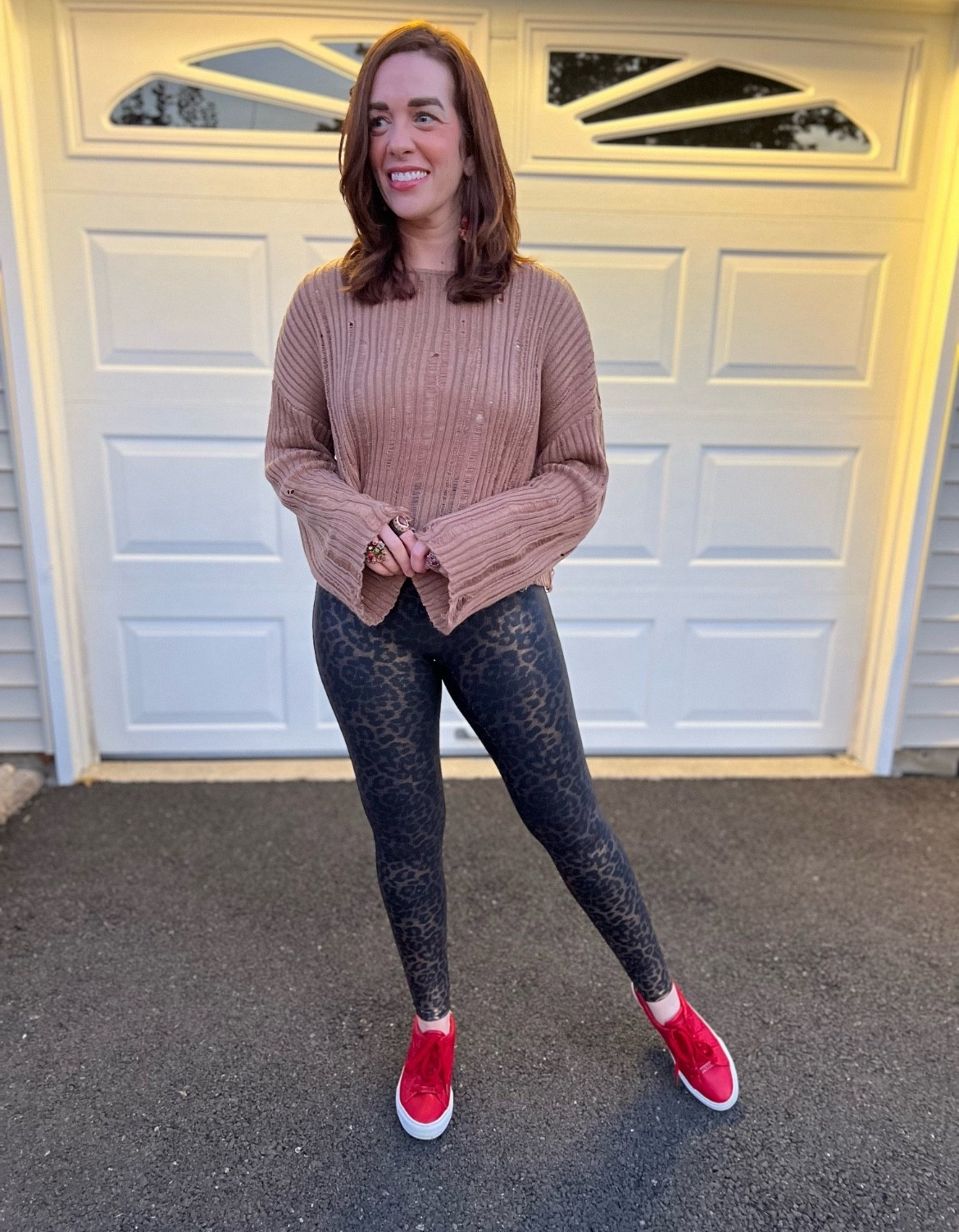 Brown Sweater (small). Leopard print faux leather leggings (small). Red sneakers (8.5). #brownsweater #sweater #sweaters #leggings #leopardleggings #leopardprint #fauxleatherleggings #sneakers #redsneakers #falloutfit Fall Outfit

#LTKStyleTip #LTKFindsUnder100 #LTKSeasonal