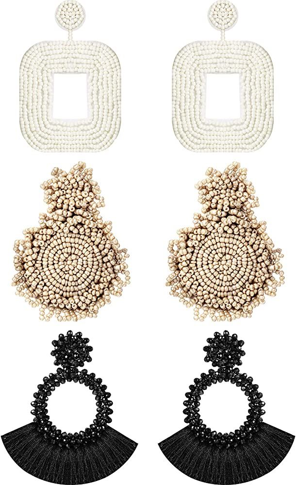 3 Pairs Statement Drop Beaded Earrings Handmade Tassel Fringe Dangle Earrings and Wire Wrap Squar... | Amazon (US)