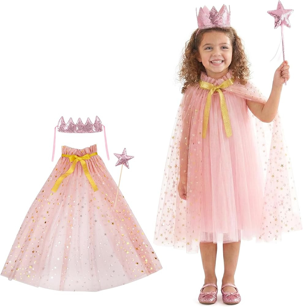 3PCS Princess Tulle Cape Costume Fairy Set with Glitter Tiara Crown Headband and Star Magic Wand | Amazon (US)