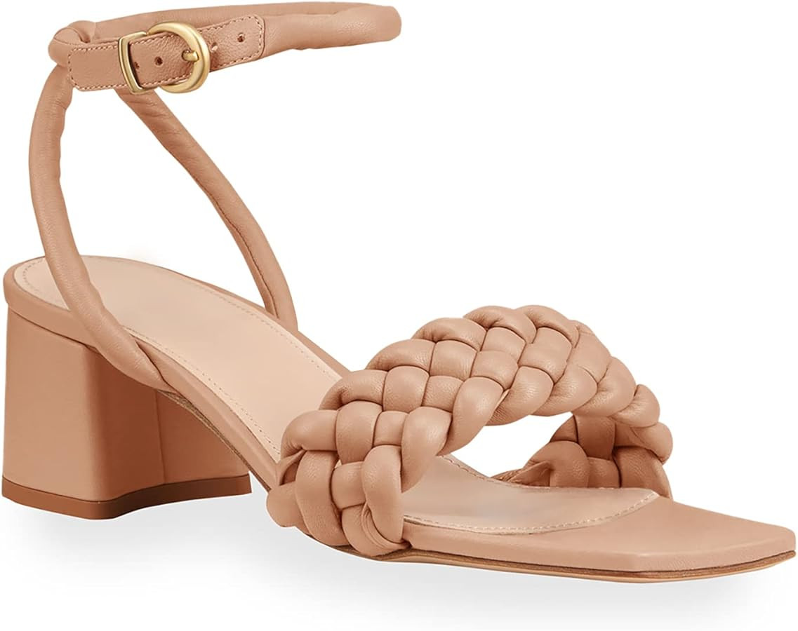 Rilista Women's Heeled Sandals Braided Square Open Toe Ankle Strap Chunky Heels | Amazon (US)