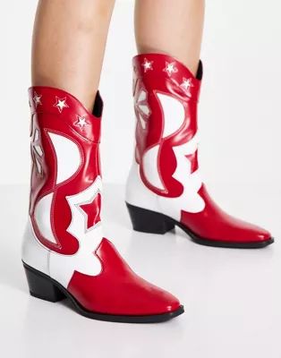 Pull&Bear printed stitch detail western boots in red | ASOS (Global)