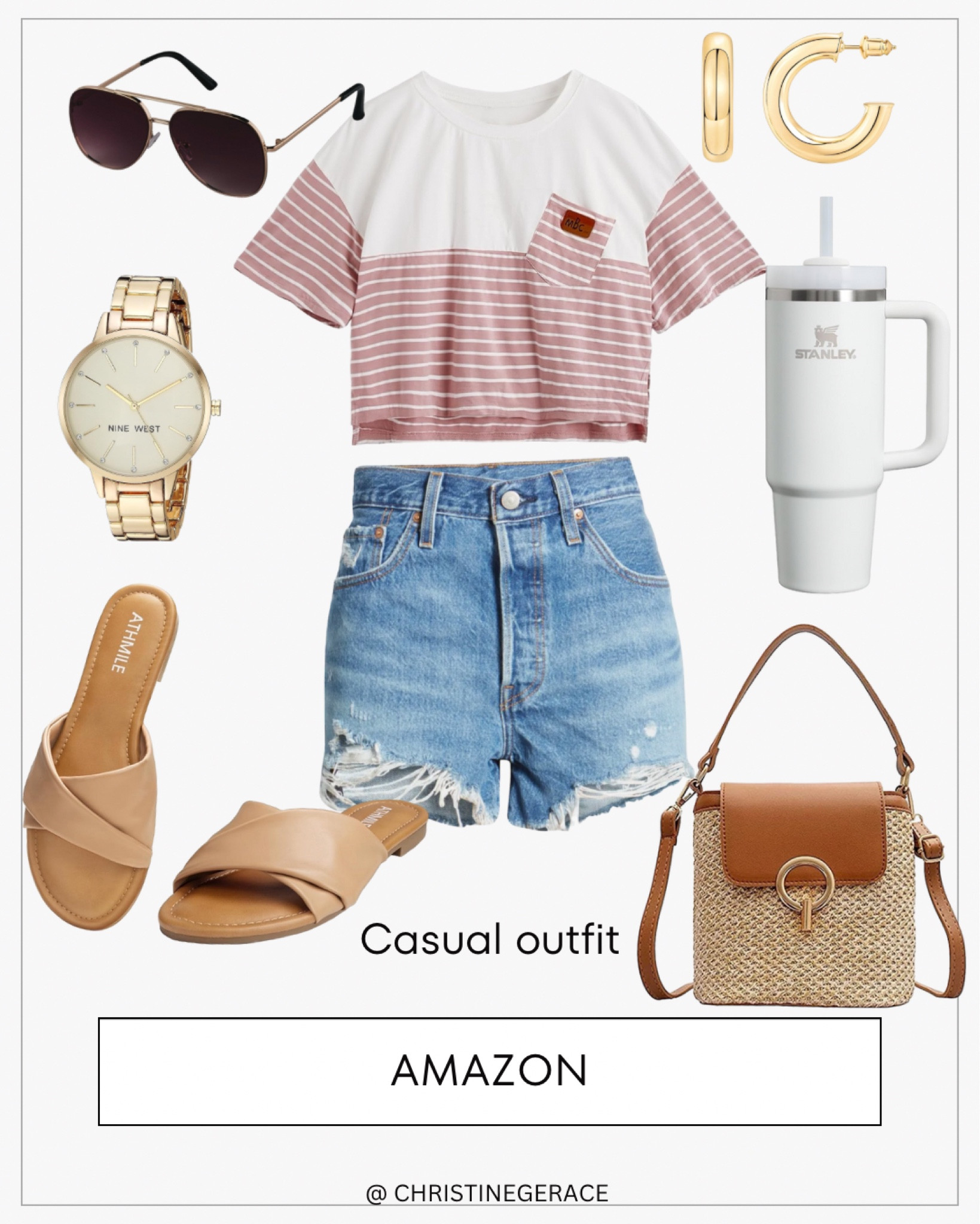 Amazon Casual outfit idea ✨ T-shirt, denim shorts, sandals, gold hoop earrings, shoulder bag cross body, watch, Stanley , sunglasses 

#amazon #outfitideas #womensstyle #casualoutfit 

#LTKstyletip #LTKfindsunder50 #LTKfindsunder100